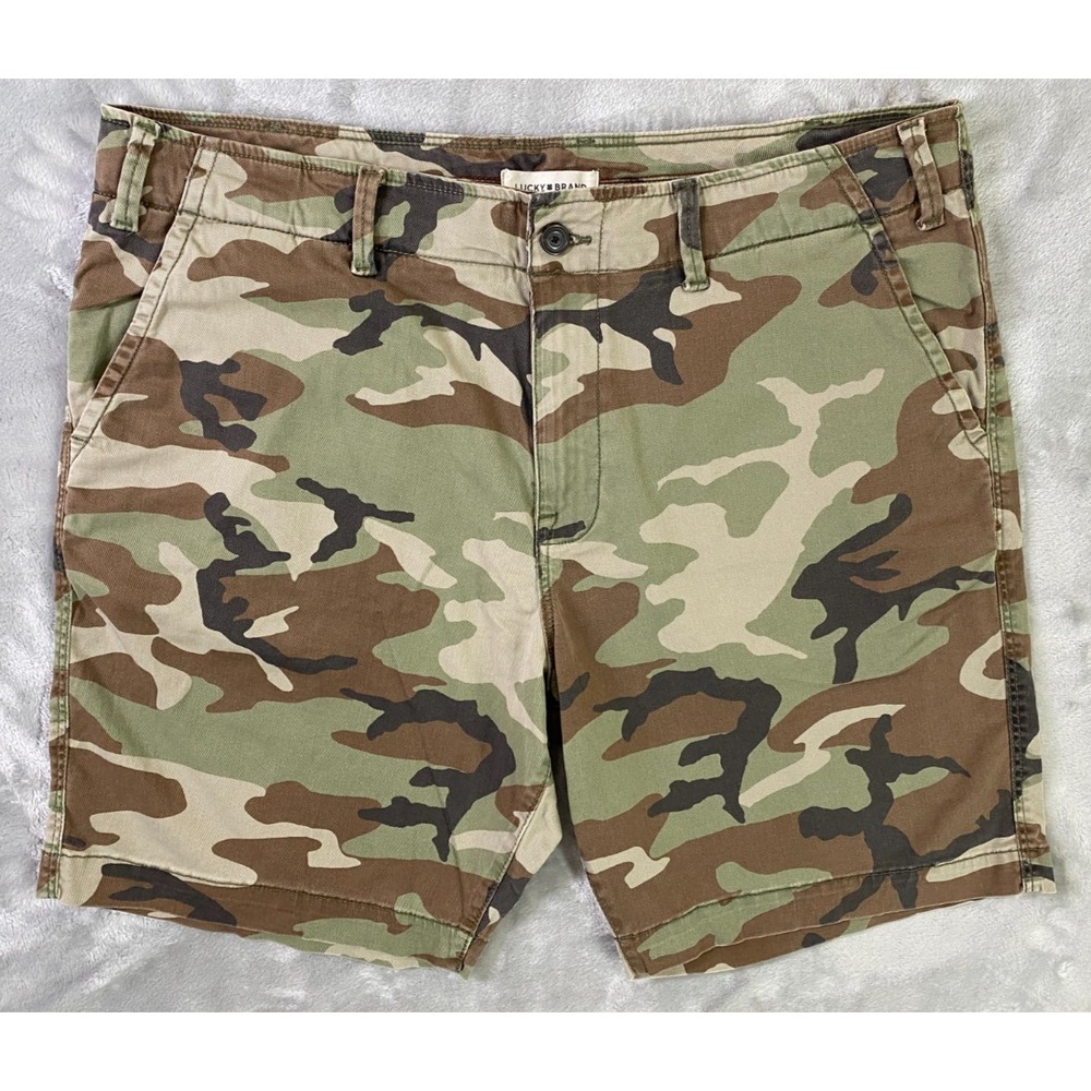 Lucky Brand Camo Shorts Mens 38 Green Brown Camouflage Chino Cotton Flat Front